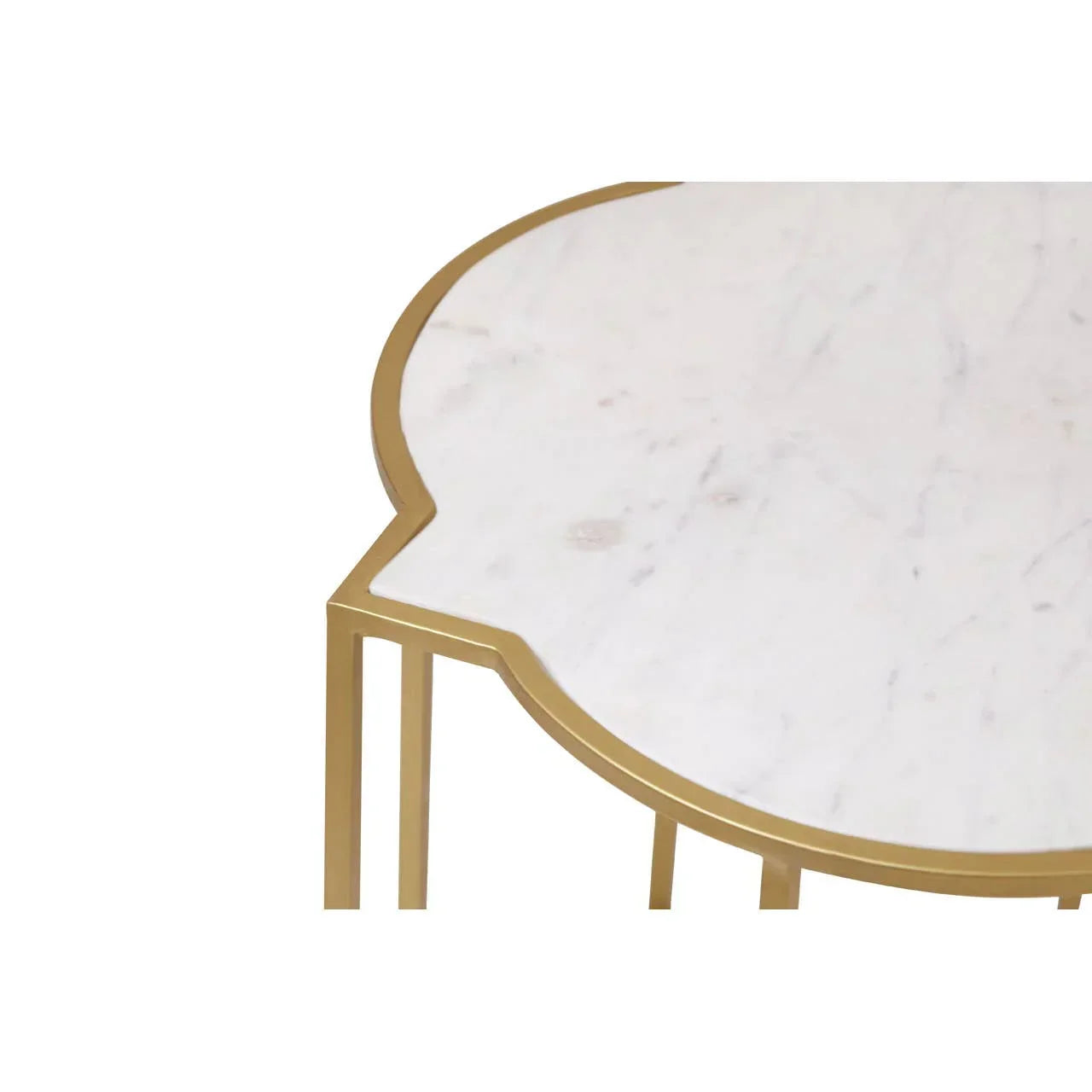 White marble top side table with gold metal frame, close angle view of tabletop and legs
