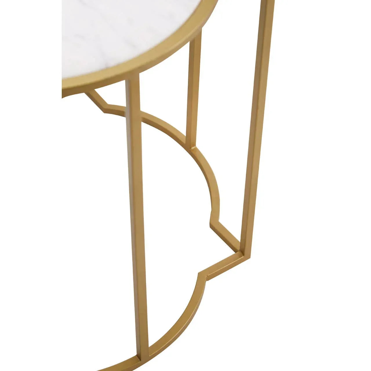 Round side table with white marble top and gold metal legs, close-up of base detail