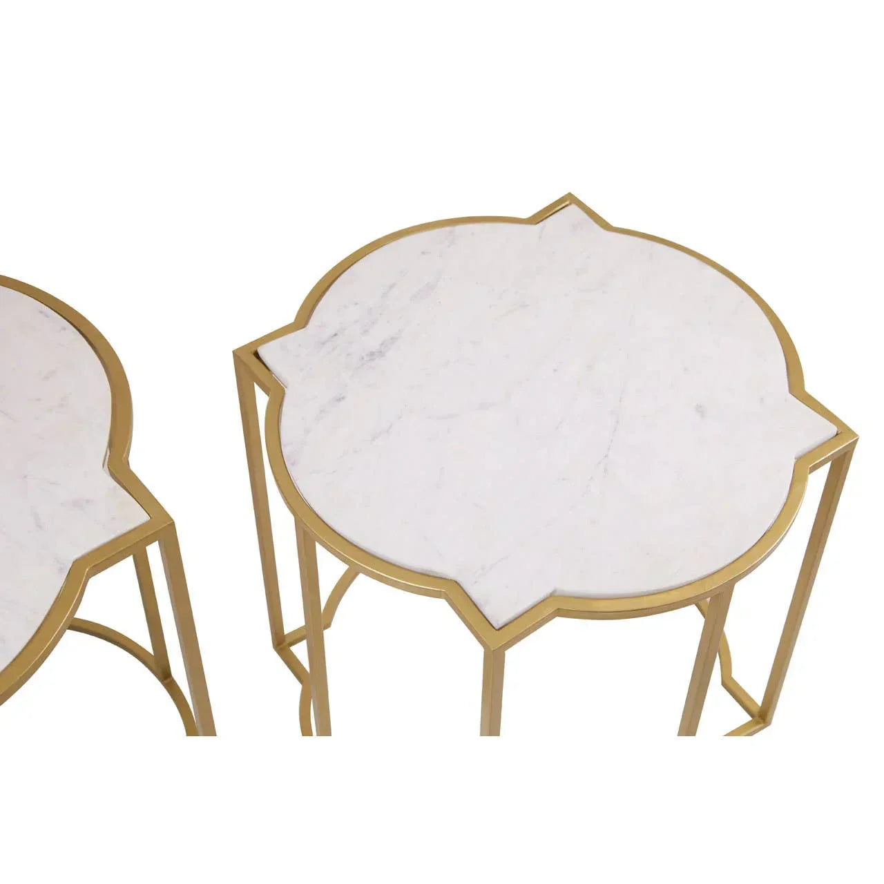 White marble top side tables with gold metal frame and quatrefoil edge detail