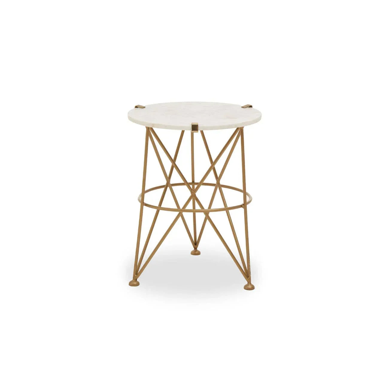 Round marble side table with gold metal geometric base on white background