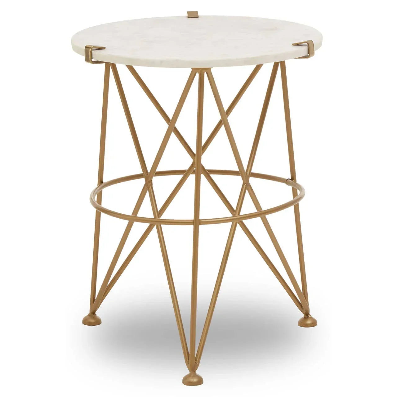Round marble top side table with gold geometric metal base on white background
