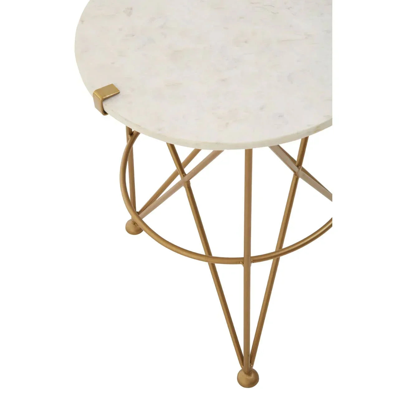 Round marble top side table with gold metal geometric base and corner detail