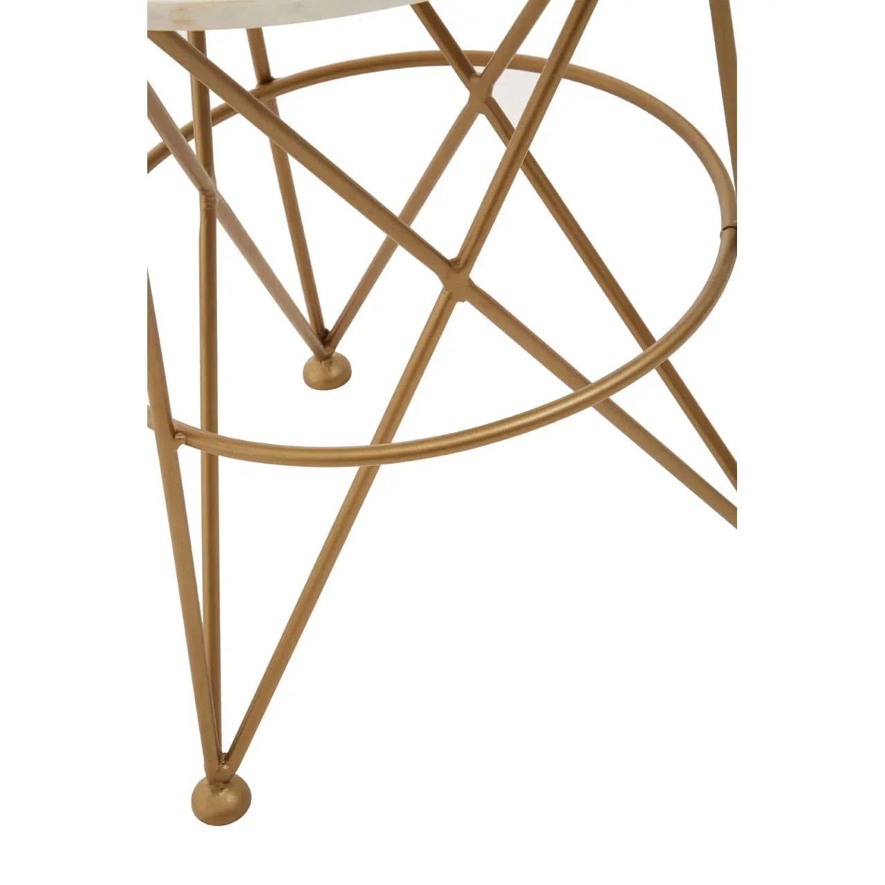 Gold metal side table base with geometric frame and round supports