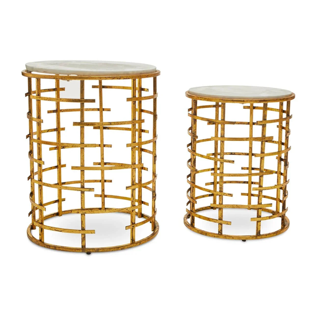 Set of two gold metal side tables with white marble tops and open lattice bases