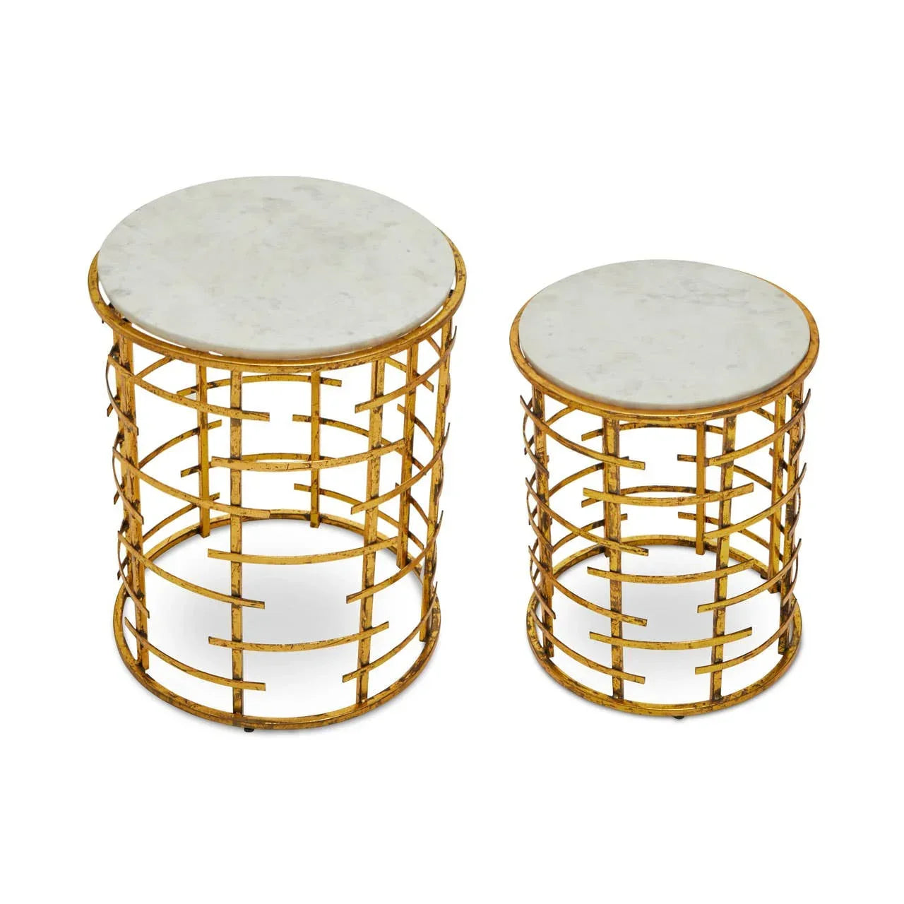 Round marble top side tables with gold metal lattice bases, set of two, shown from above