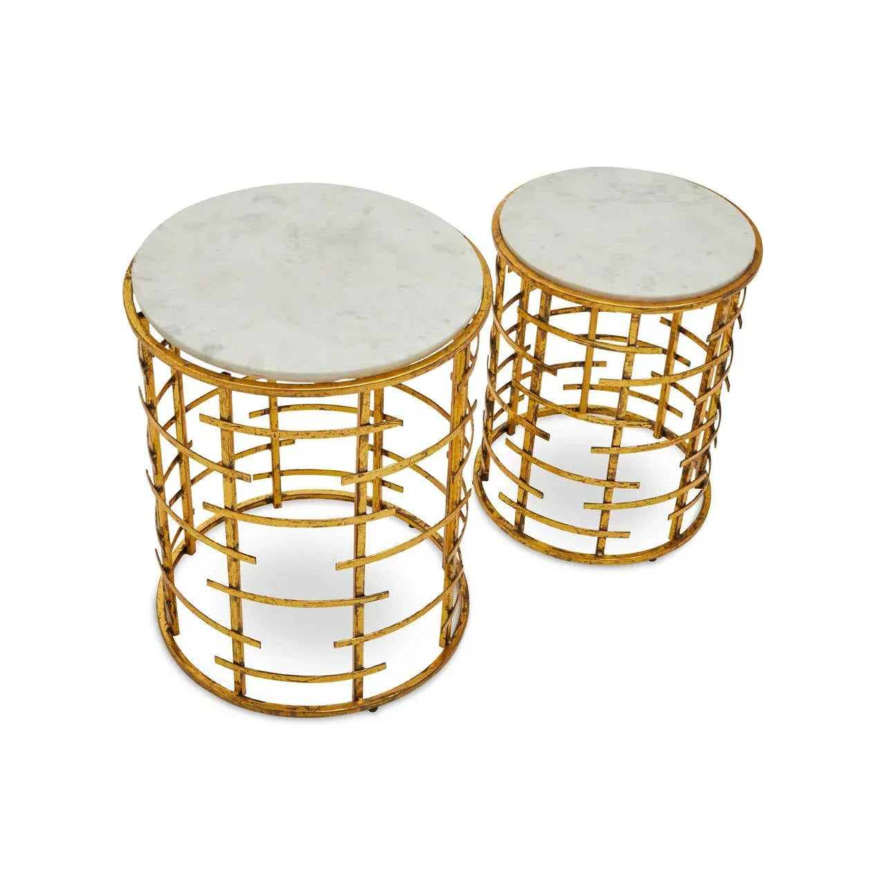 Round marble top side tables with gold metal lattice bases, set of two