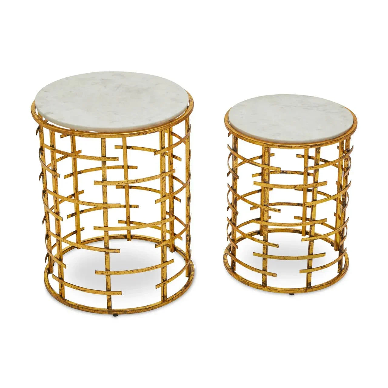 Round gold metal side tables with white marble tops, set of two, modern design