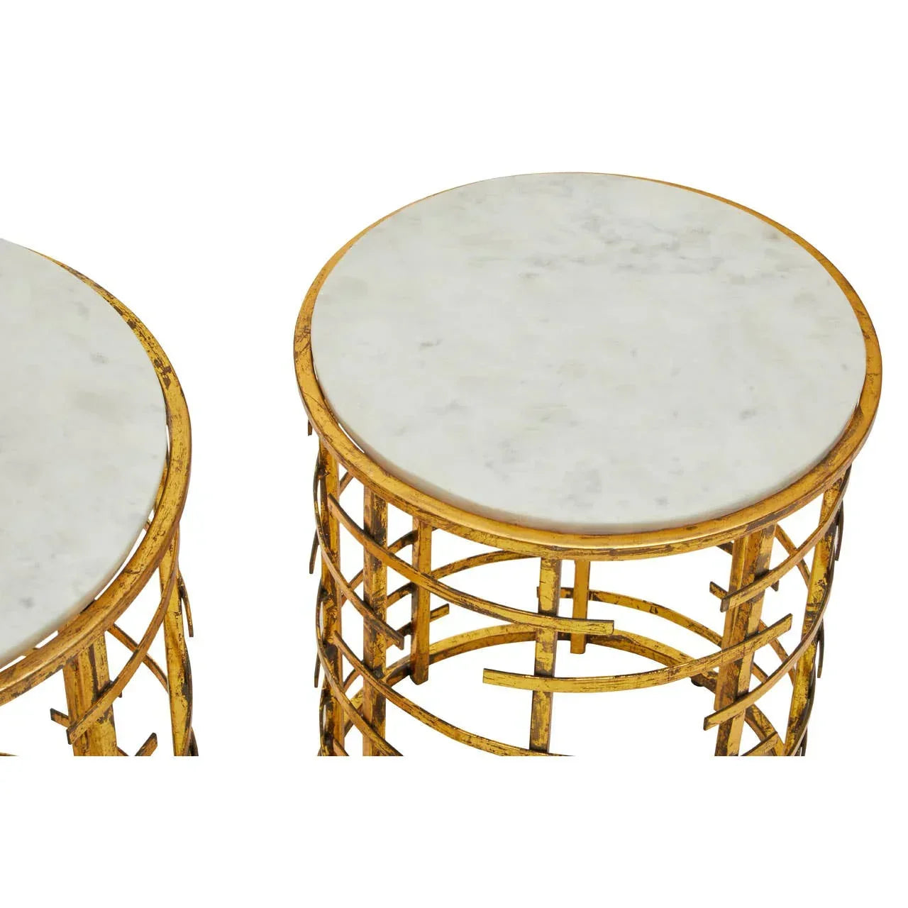 Round side table with white marble top and gold metal geometric base
