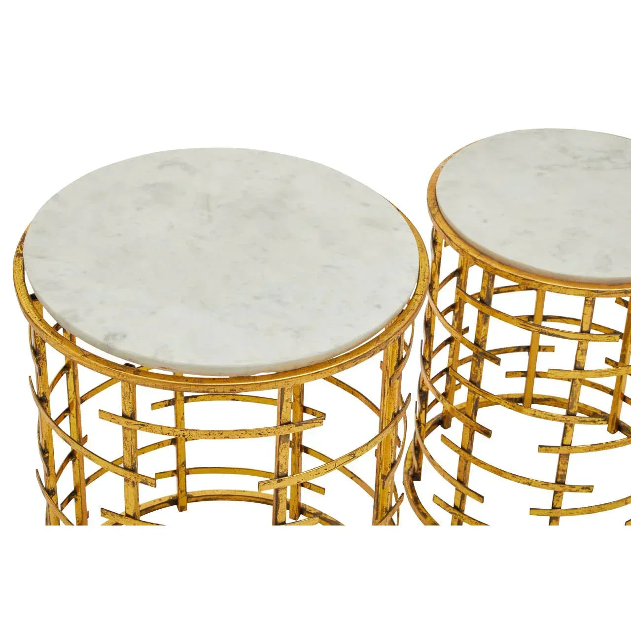 Round marble side tables with gold metal geometric bases, partial top view