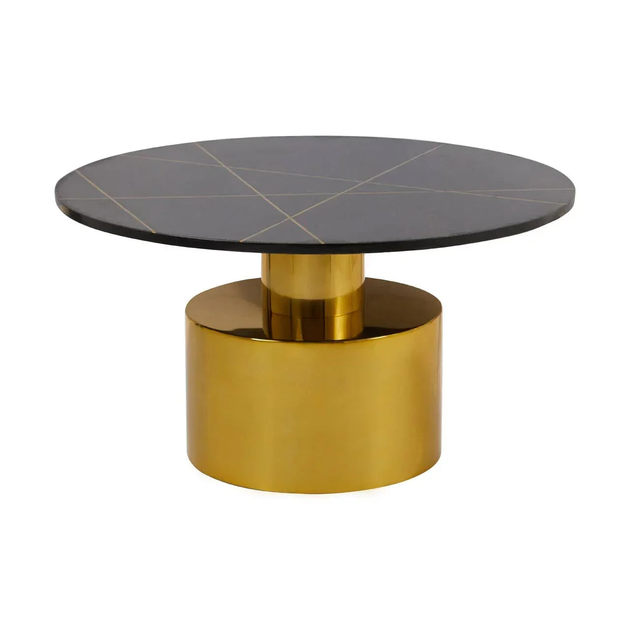 Round black marble coffee table with gold geometric lines and polished gold base