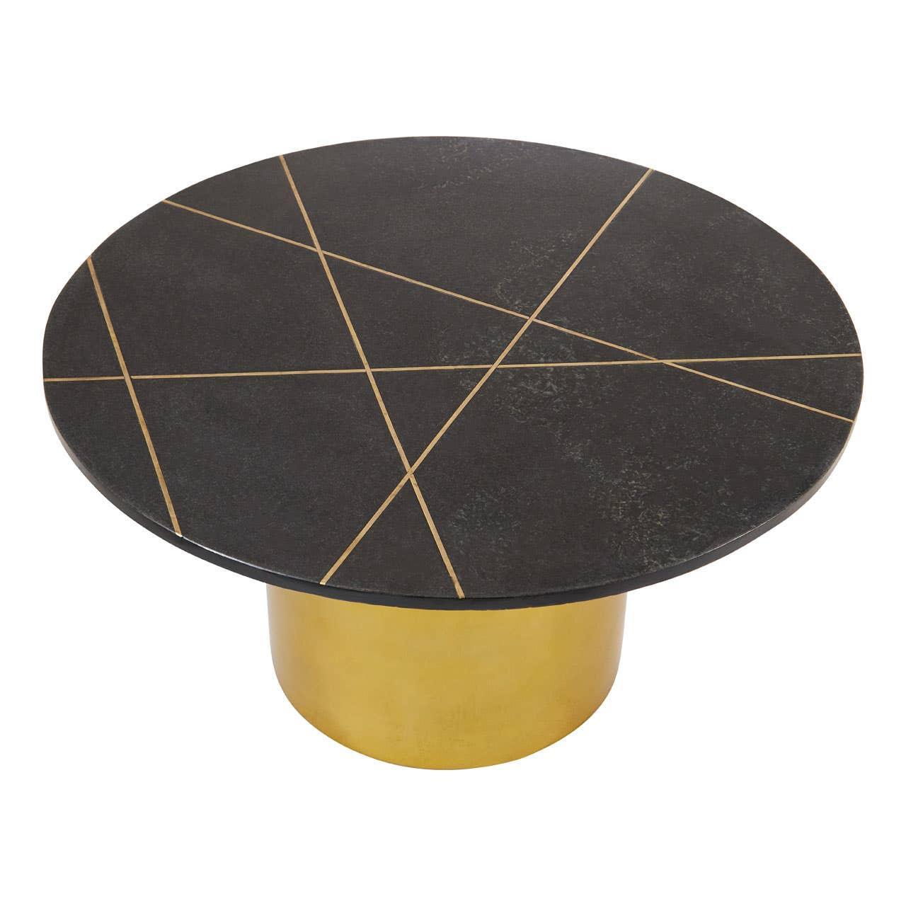 Round black coffee table with gold geometric lines and cylindrical gold base