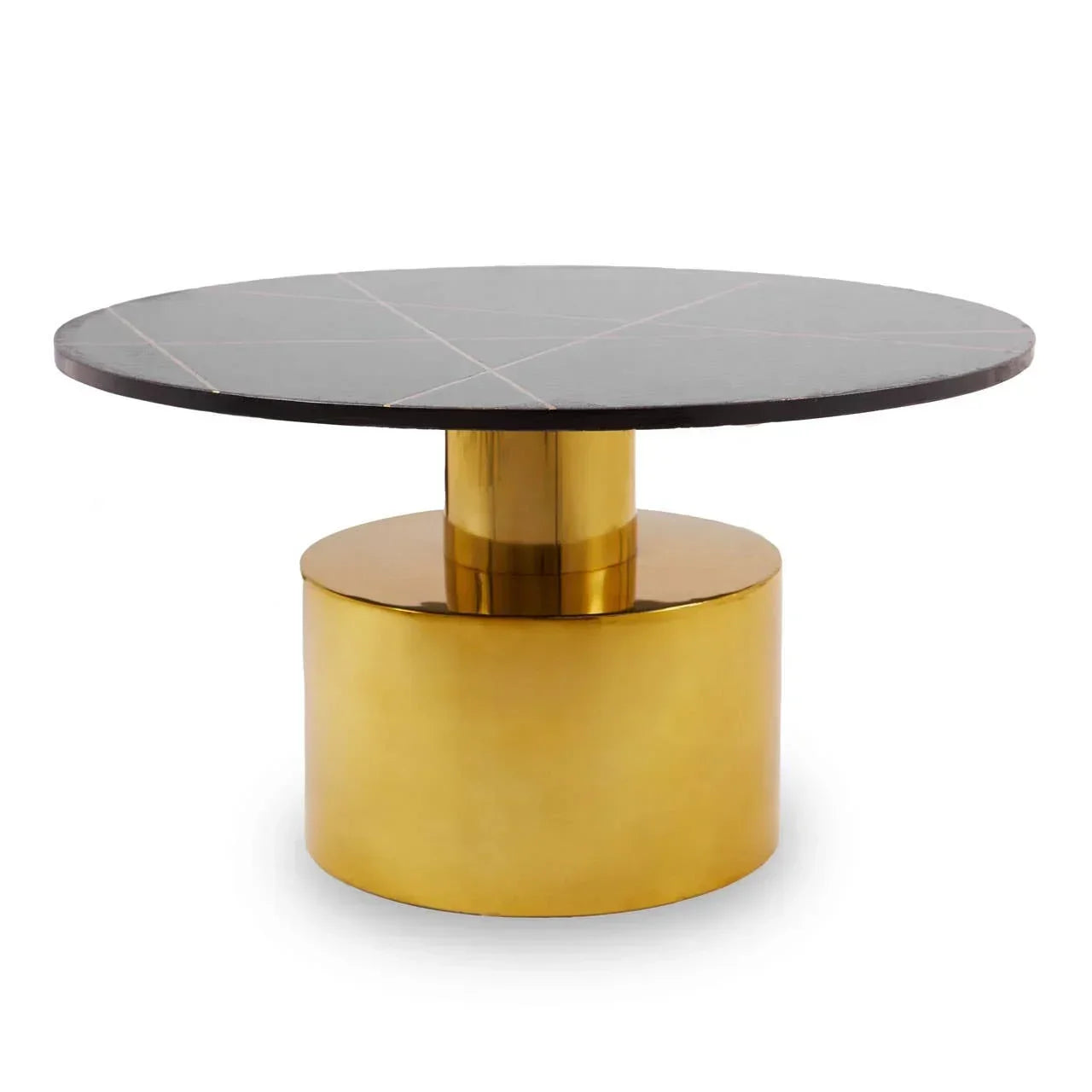 Round coffee table with black marble top and gold cylindrical metal base
