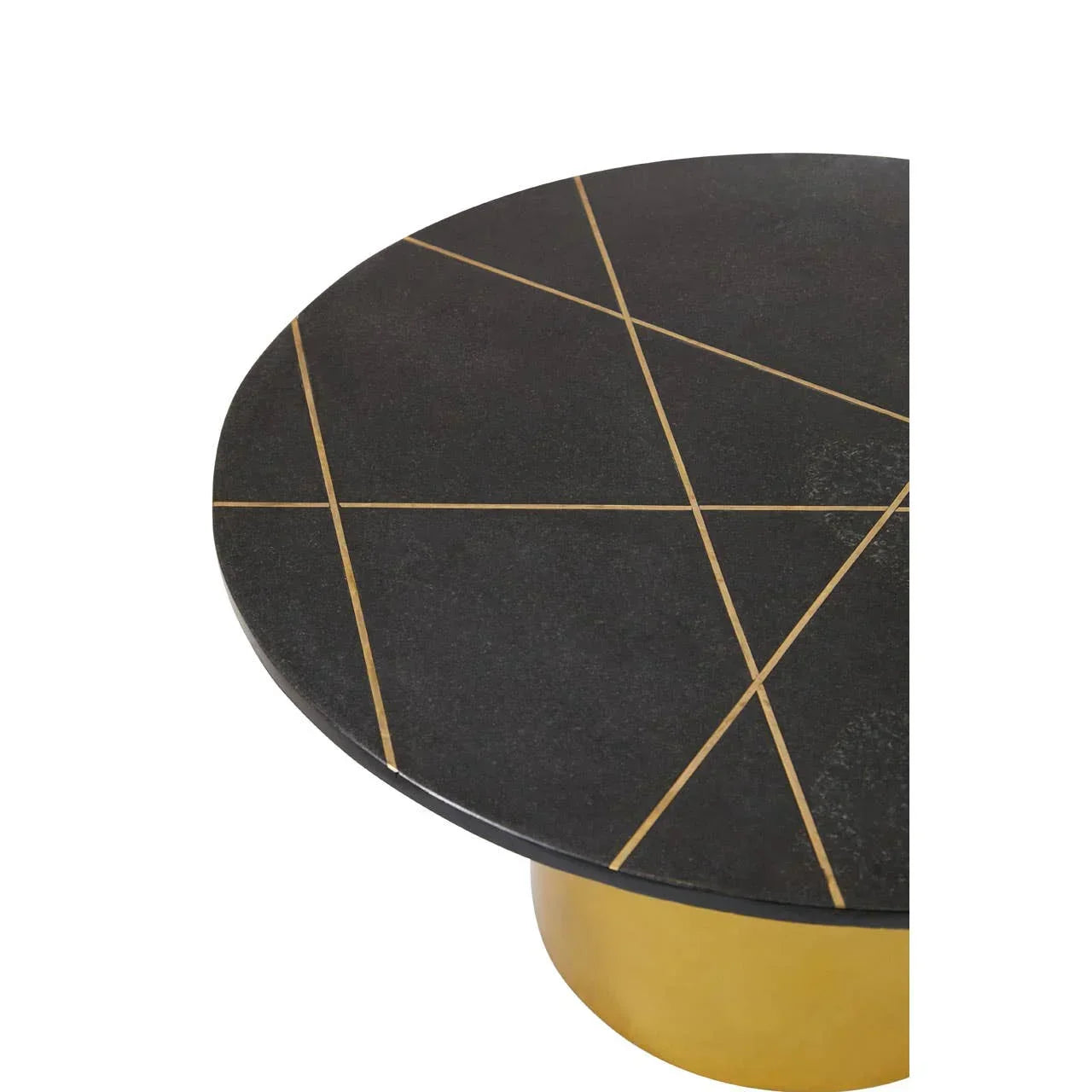 Round black coffee table with gold geometric lines and a gold base
