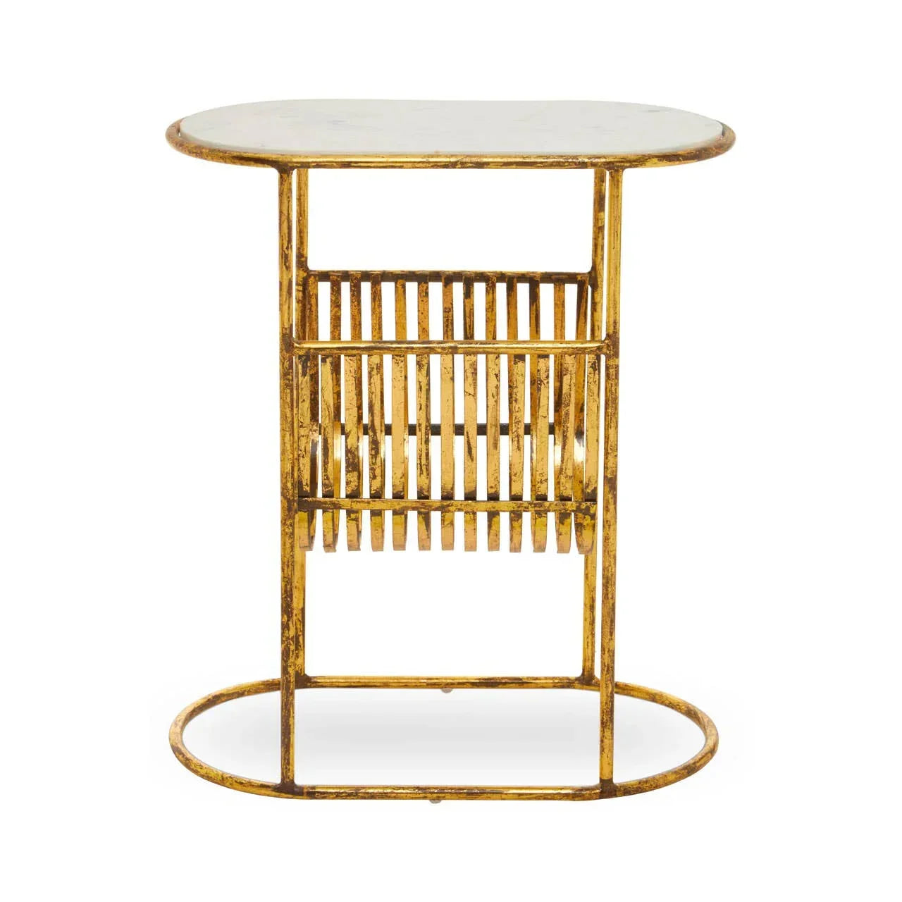 Gold metal side table with oval marble top and slatted magazine rack base