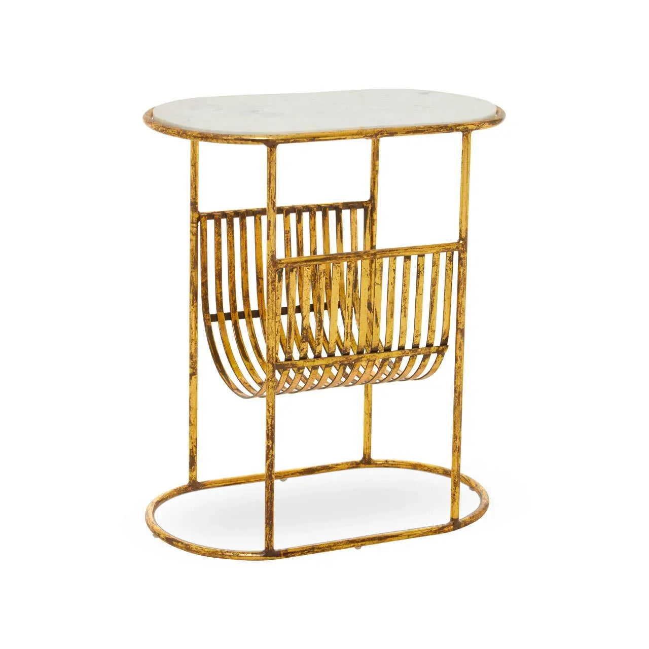 Gold metal side table with marble top and integrated magazine rack