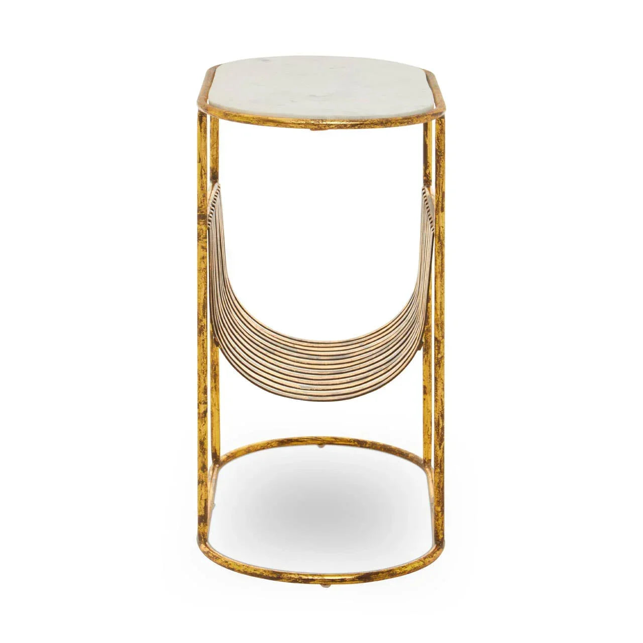 Gold metal side table with white marble top and curved magazine rack base