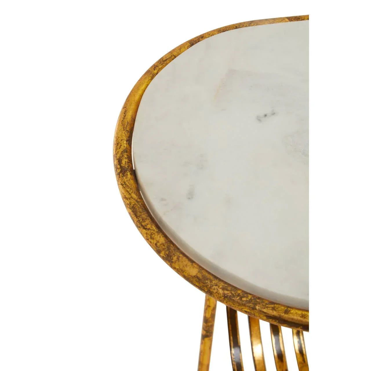 Round marble side table with gold metal frame, close-up of tabletop and legs
