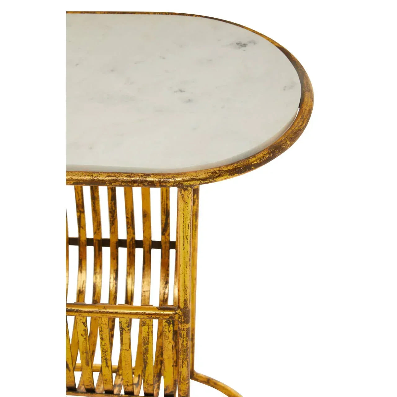 Round marble top side table with gold metal frame and vertical slat detail