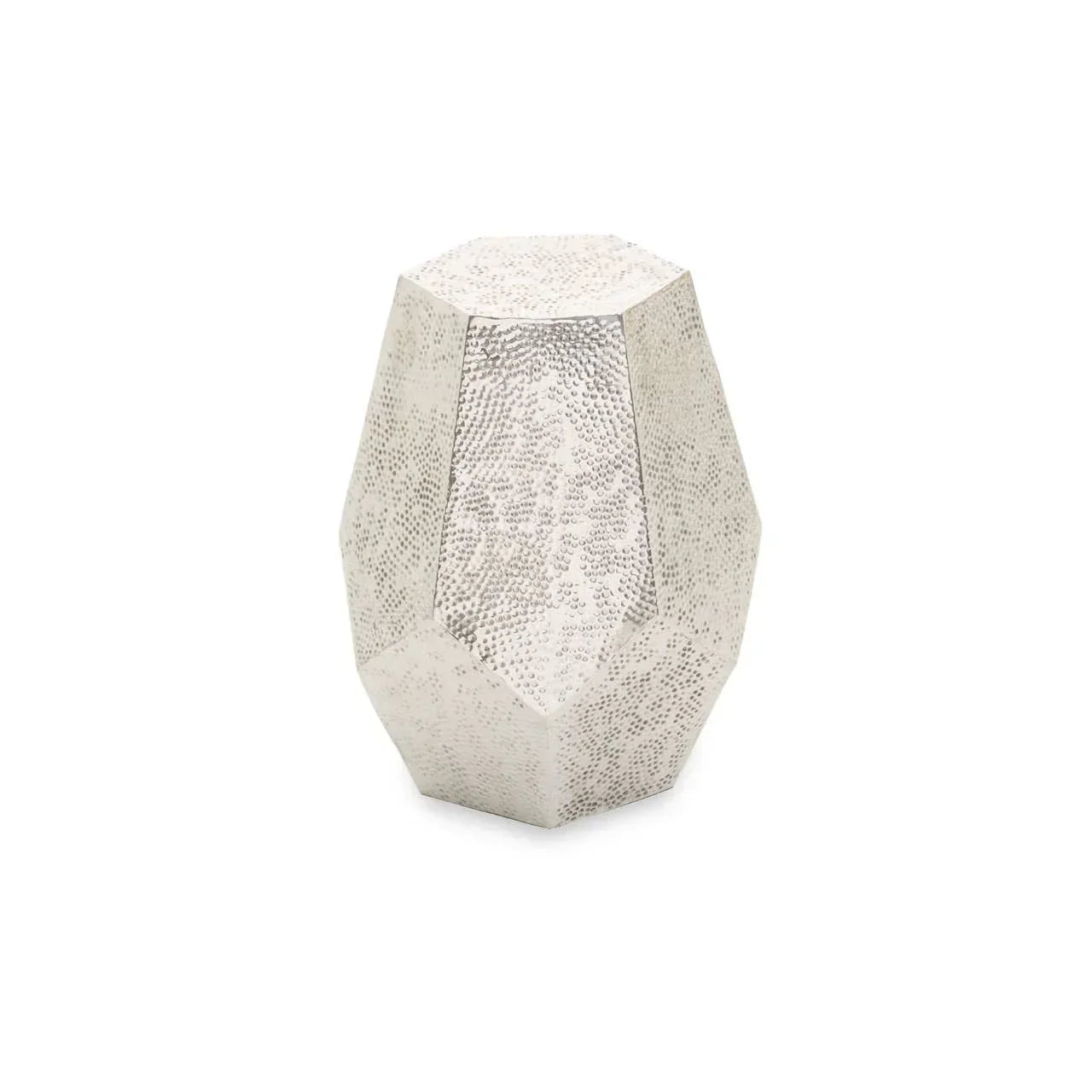 Silver hammered metal side table with geometric design on white background