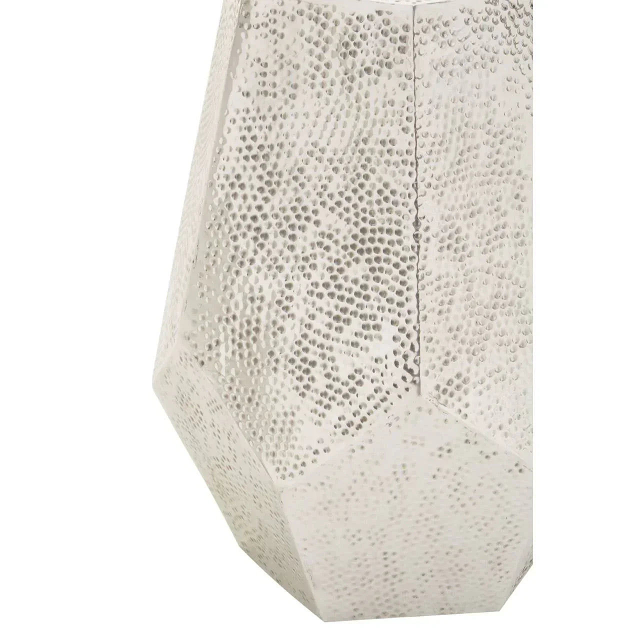 Silver hammered metal side table with geometric shape and textured finish