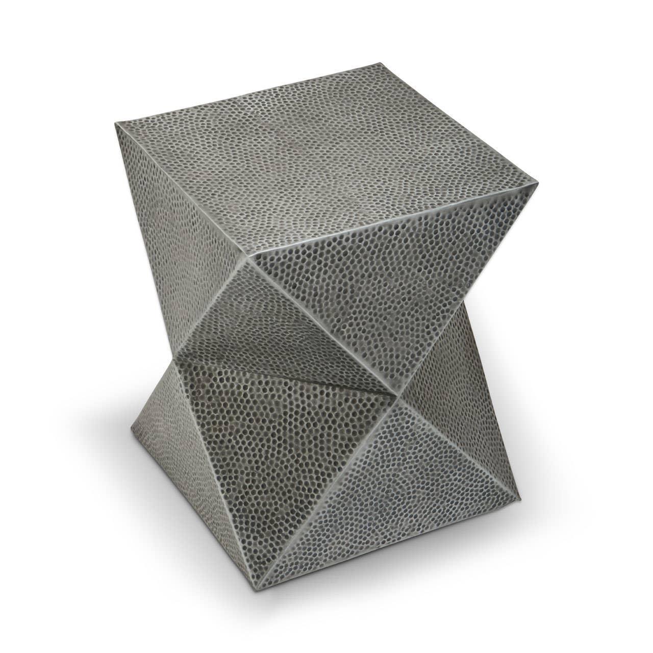 Geometric metal side table with textured grey hammered finish and angular design