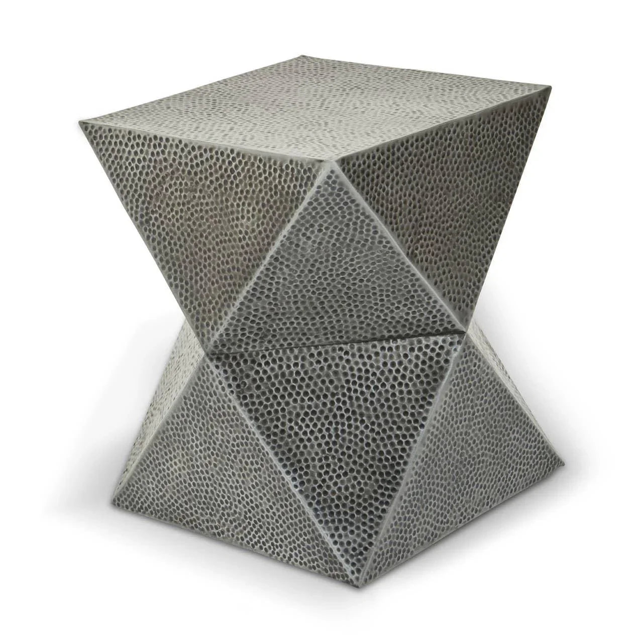 Geometric metal side table with textured silver finish and hexagonal pattern