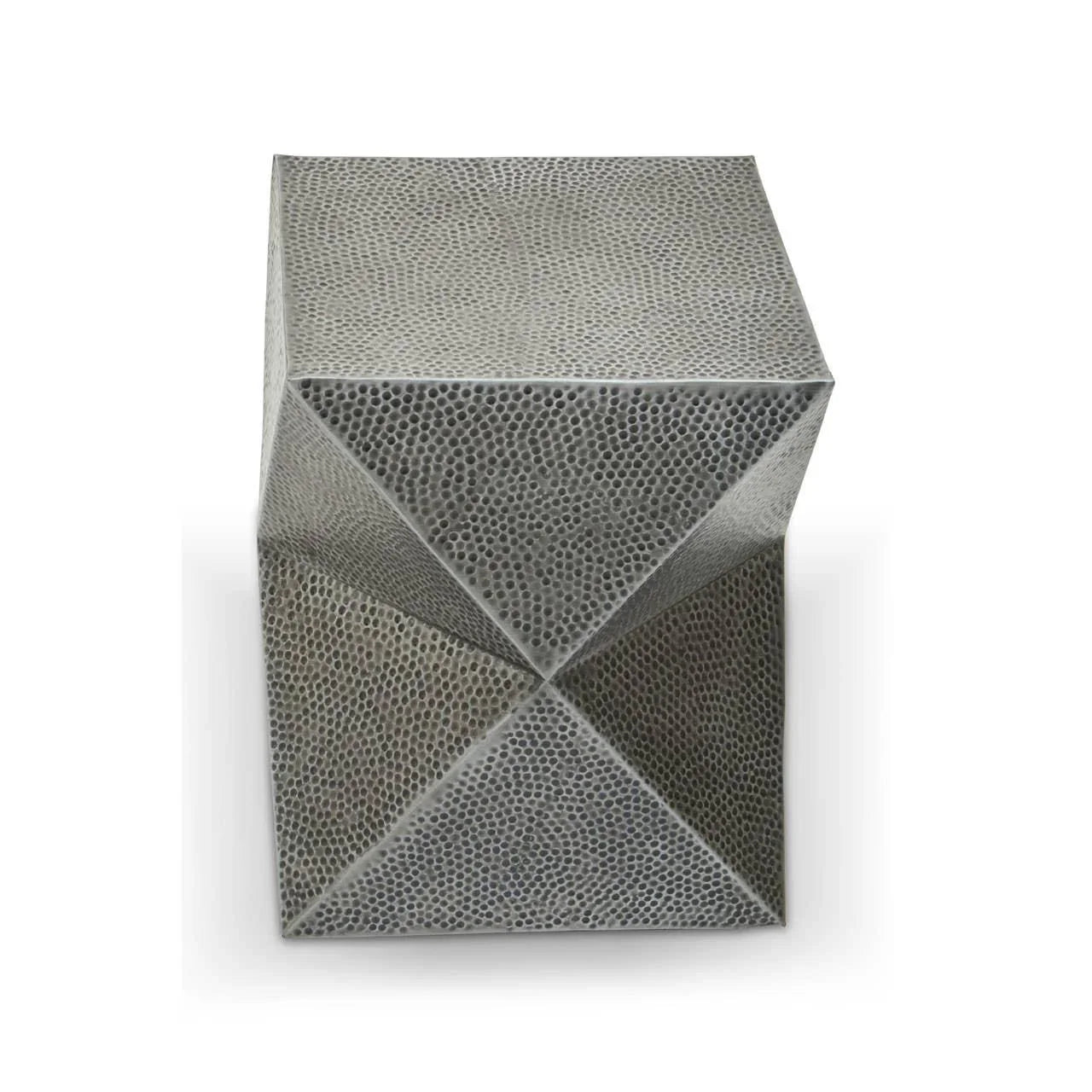Textured metal side table with geometric pyramid design and silver finish on white background