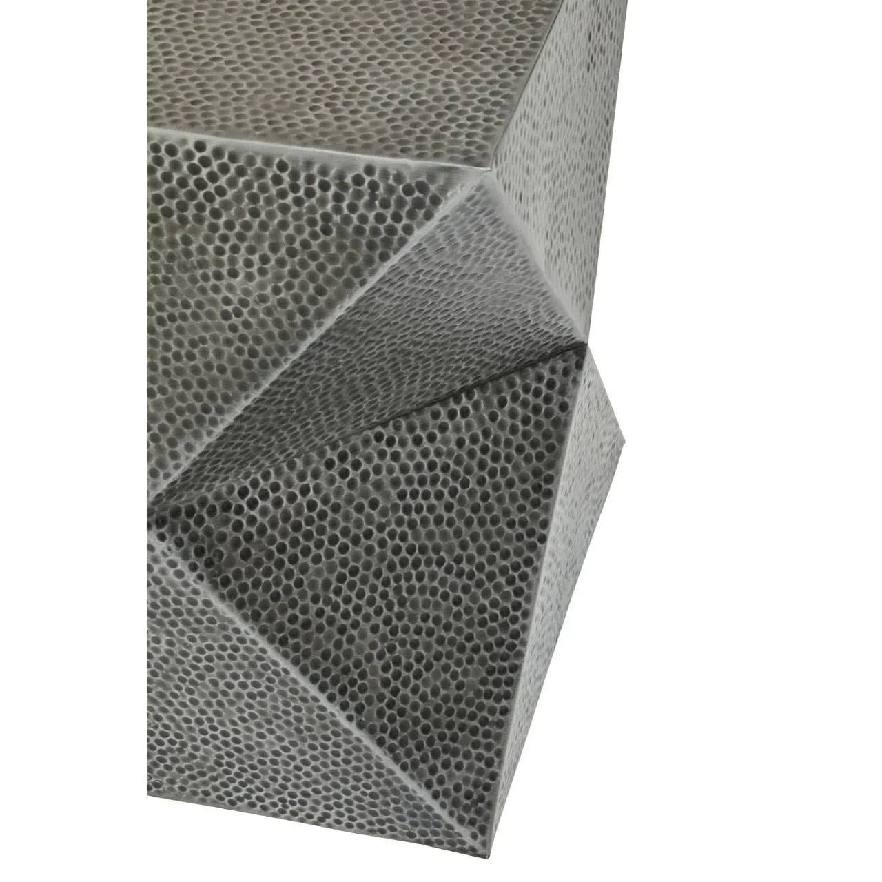 Textured metal side table with geometric angles and hammered finish detail