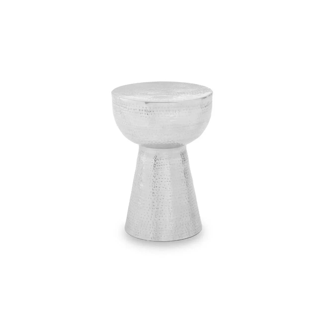 Silver hammered metal stool with cone base and round seat on white background