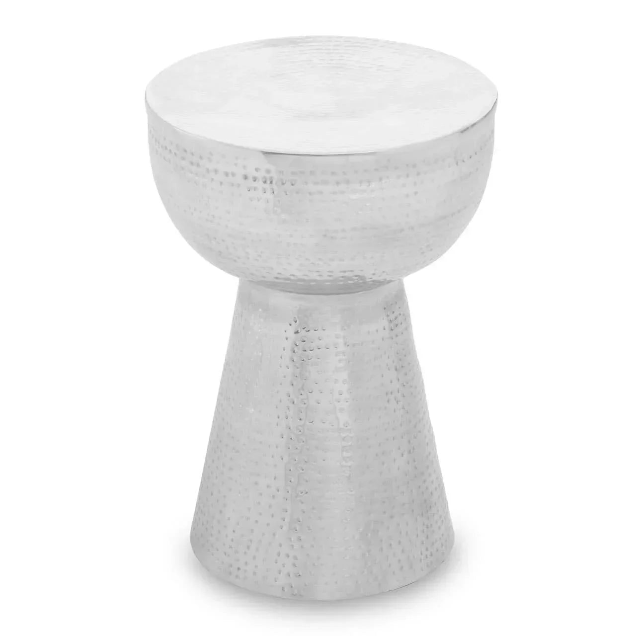 Hammered silver metal side table with round top and tapered base on white background