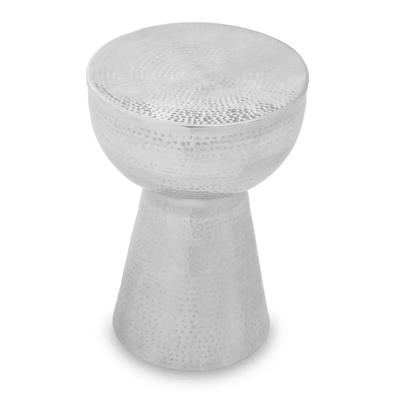 Silver hammered metal side table with round top and conical base