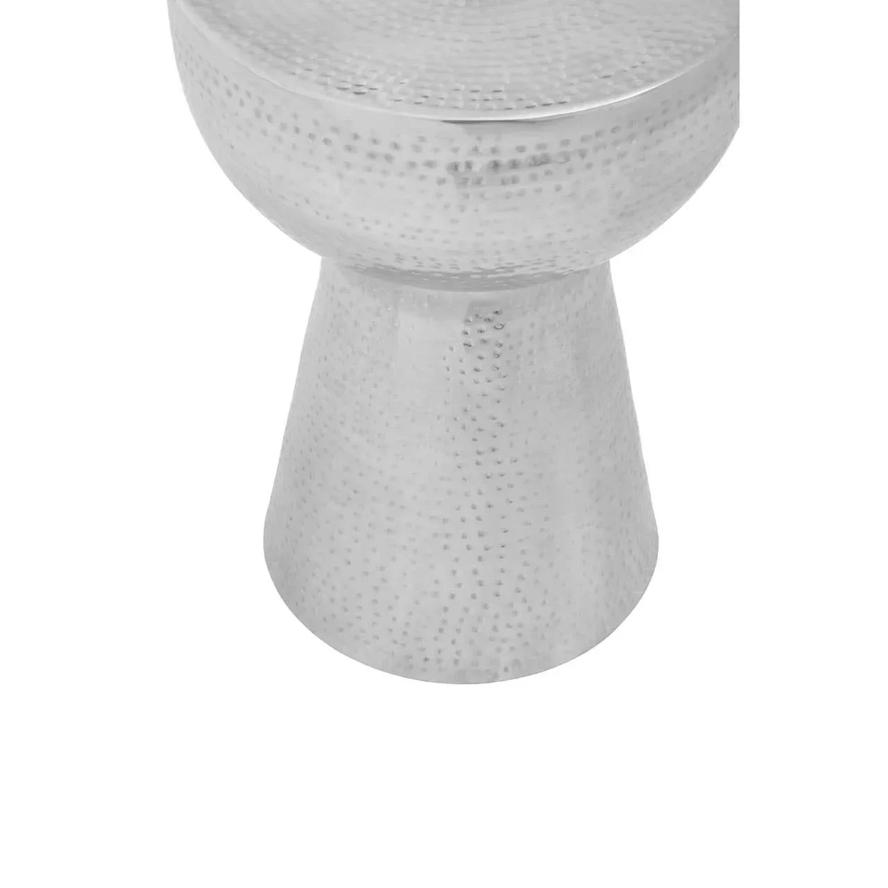 Silver hammered metal side table with textured finish and conical base