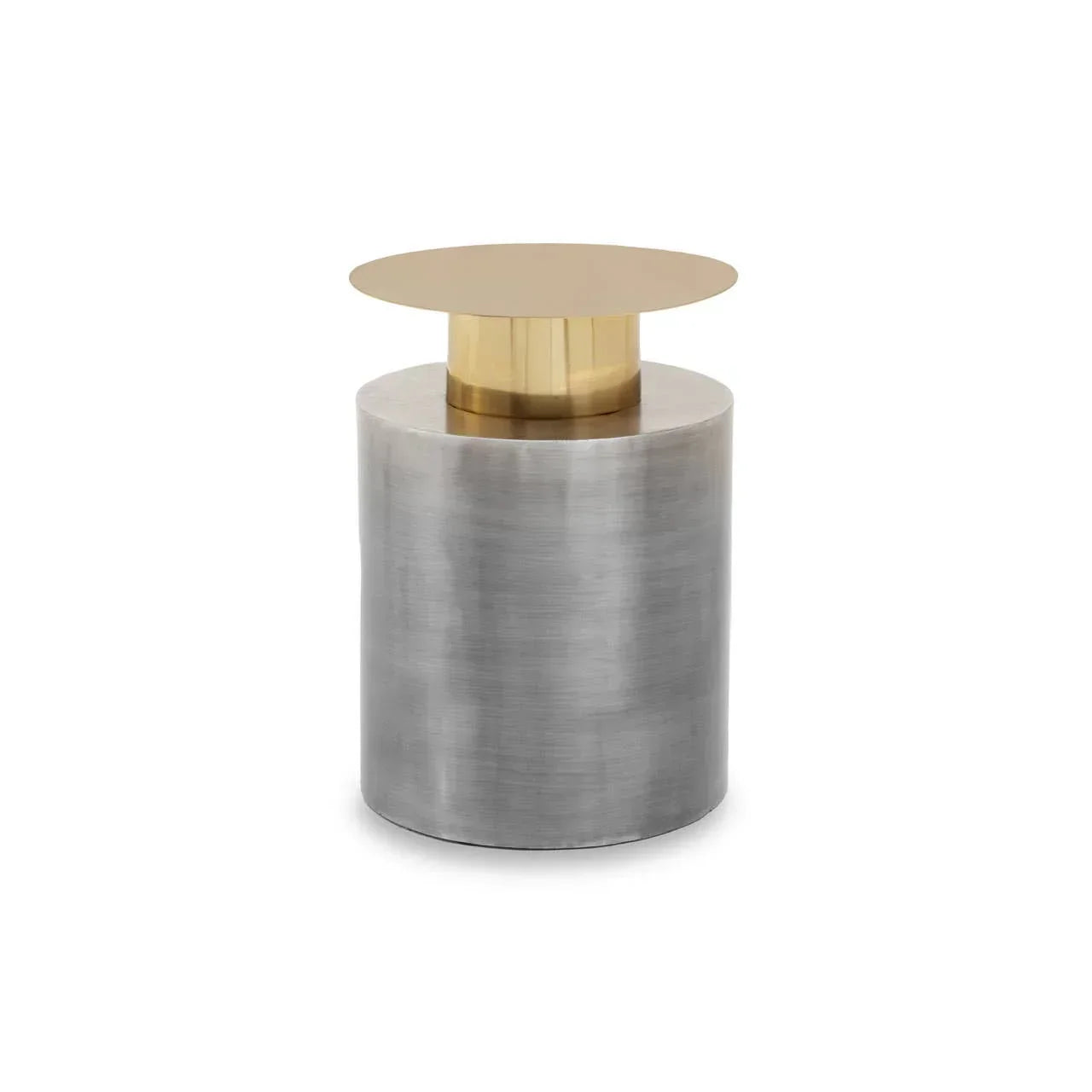 Modern metal side table with brushed silver base and round gold top