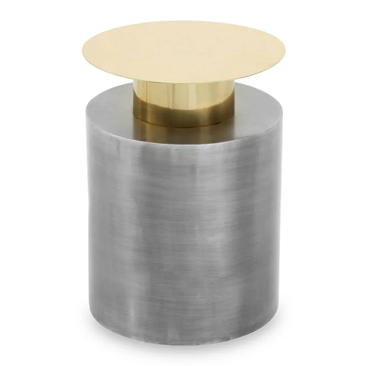 Brushed metal accent table with cylindrical base and round gold top