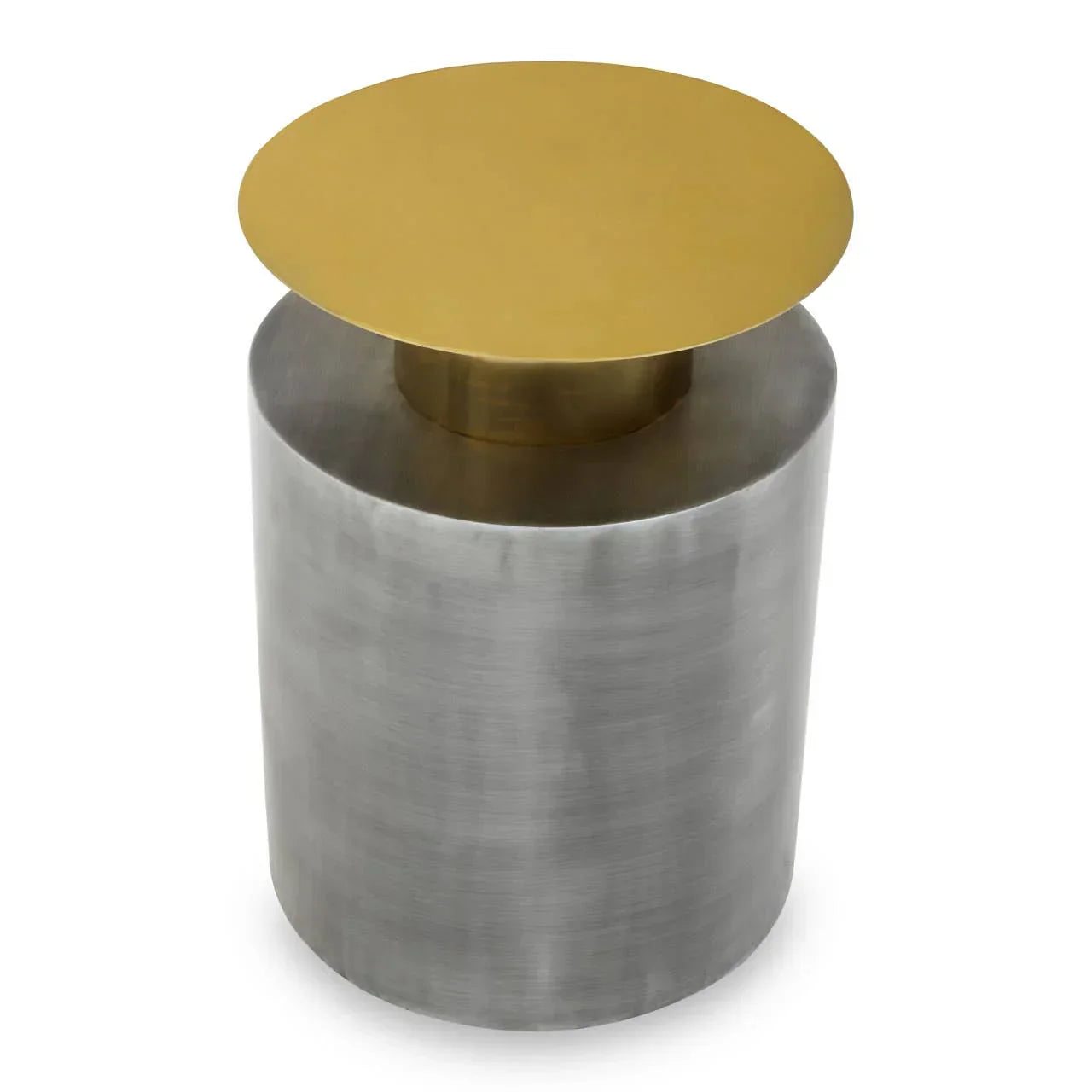 Modern side table with brushed metal base and round gold top