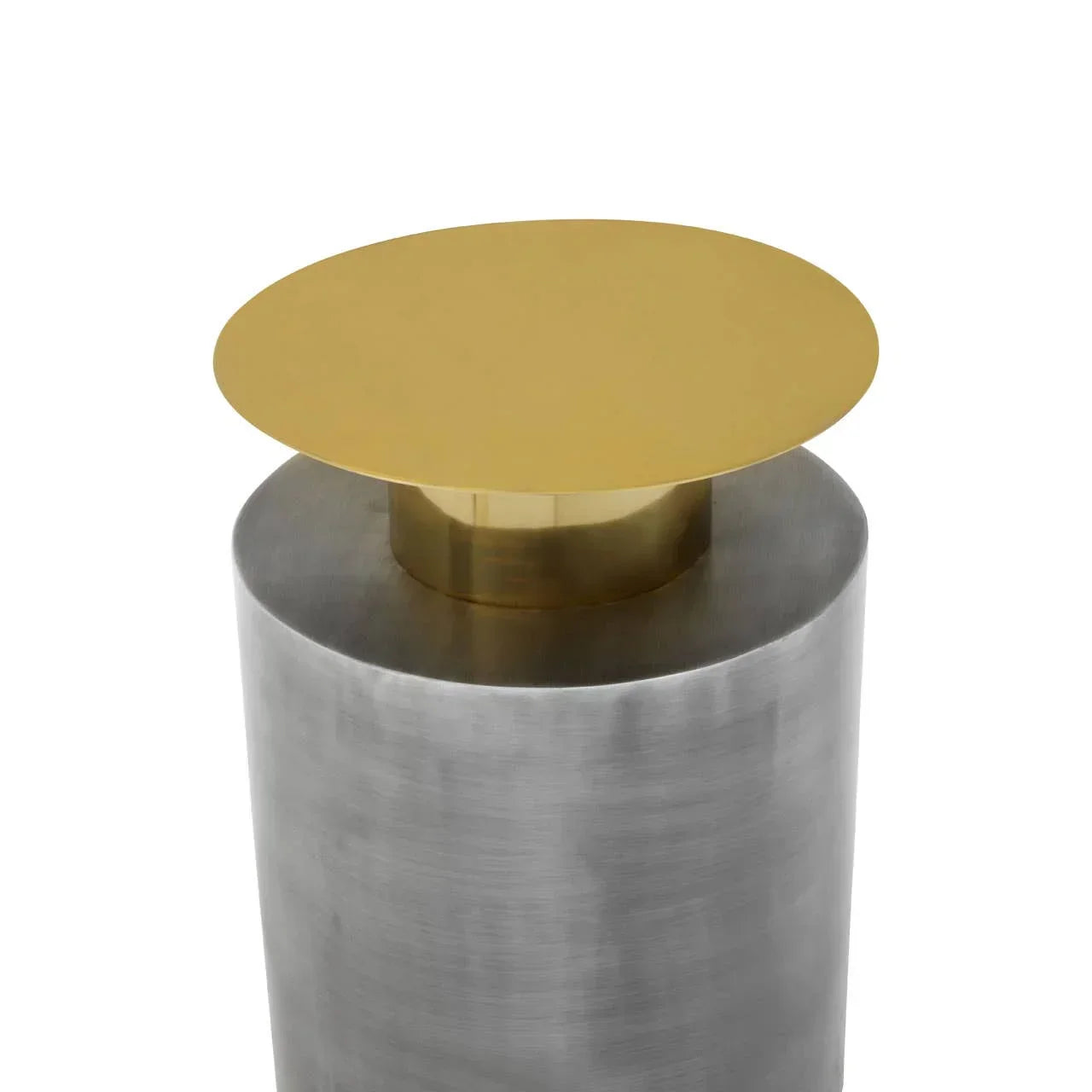 Contemporary round metal side table with brushed silver base and gold top