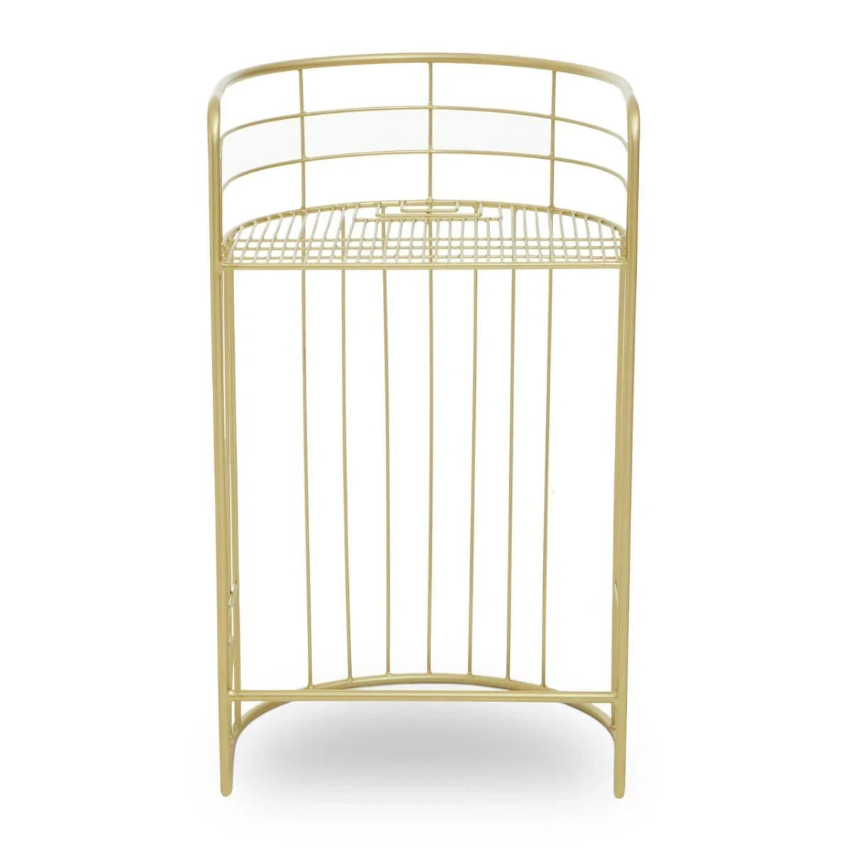 Gold metal umbrella stand with vertical bars and raised edge design