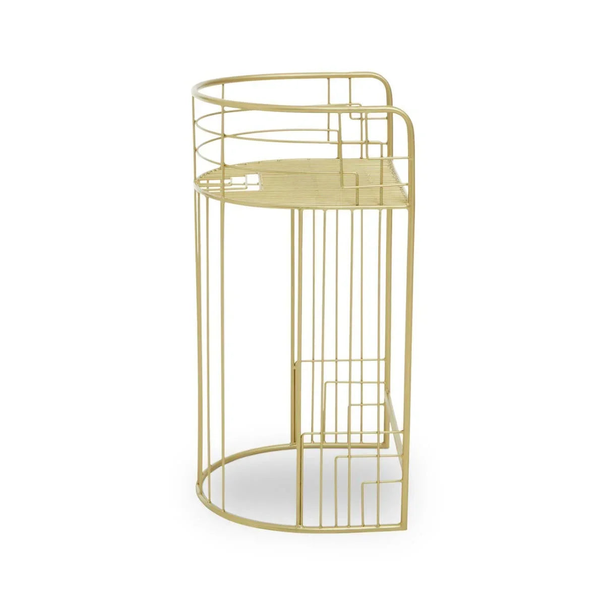 Gold metal side table with geometric open frame and half-moon top, modern accent furniture