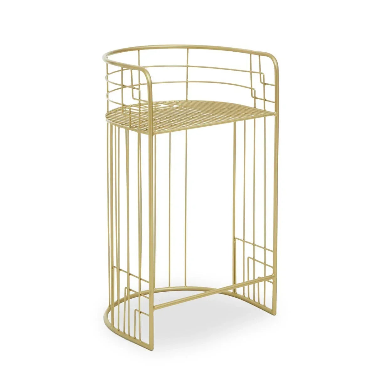 Gold metal bar table with open wire frame and curved edges
