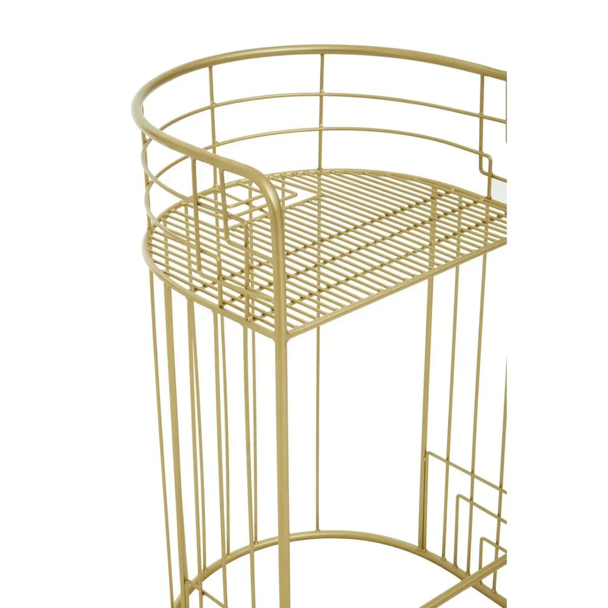 Gold metal bar cart frame with wire shelf and rounded edges, close-up view
