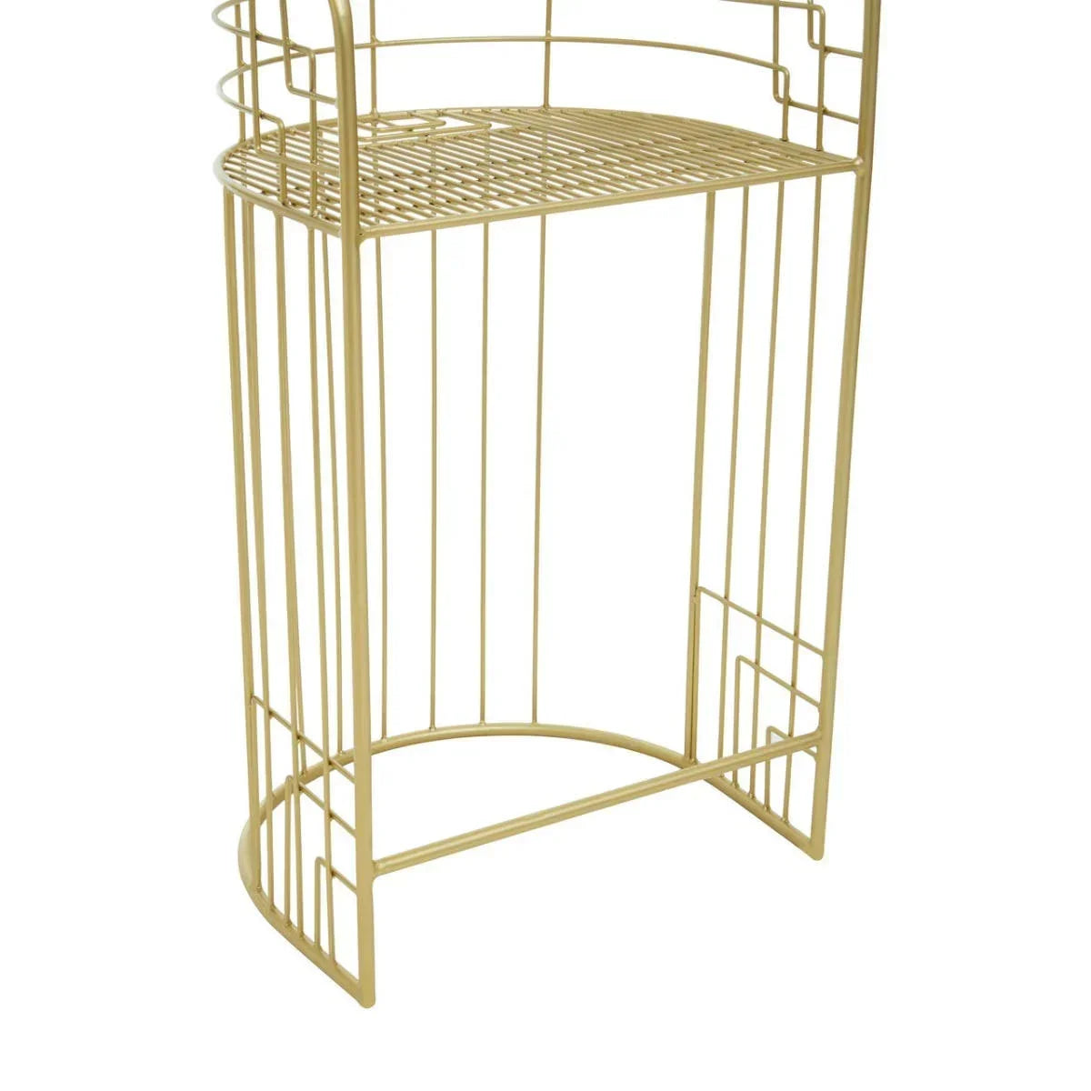 Gold metal side table with geometric open frame and half-moon shelf design