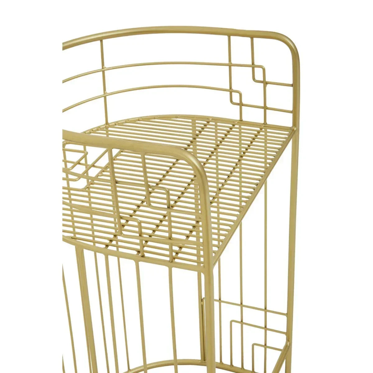 Gold metal storage rack with geometric design and open slatted shelf, close-up view