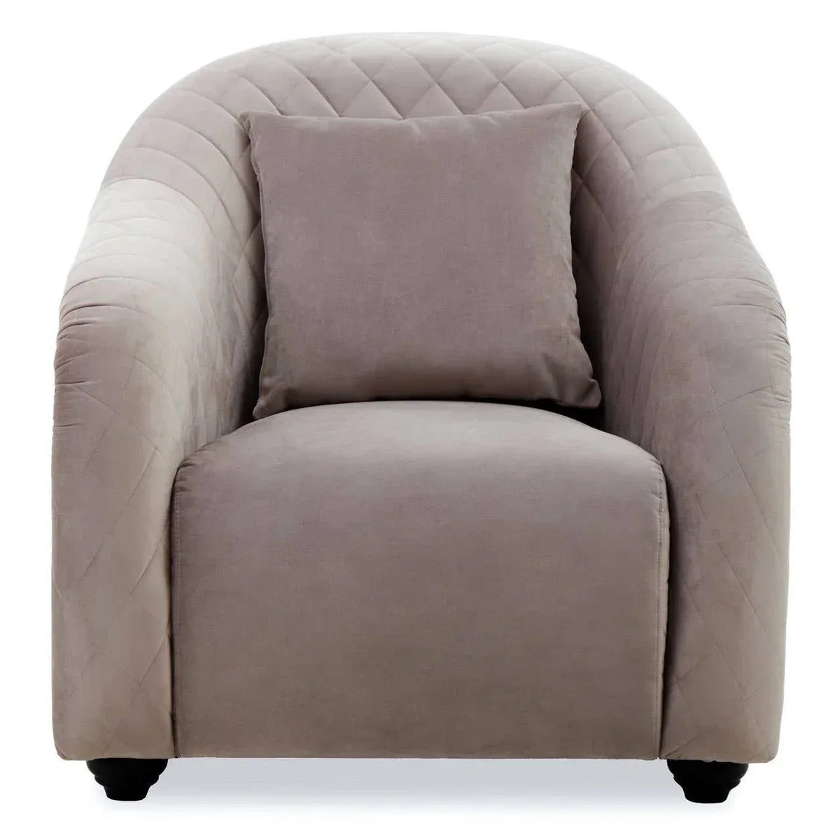 Grey velvet armchair with curved backrest, quilted detailing and matching cushion front view