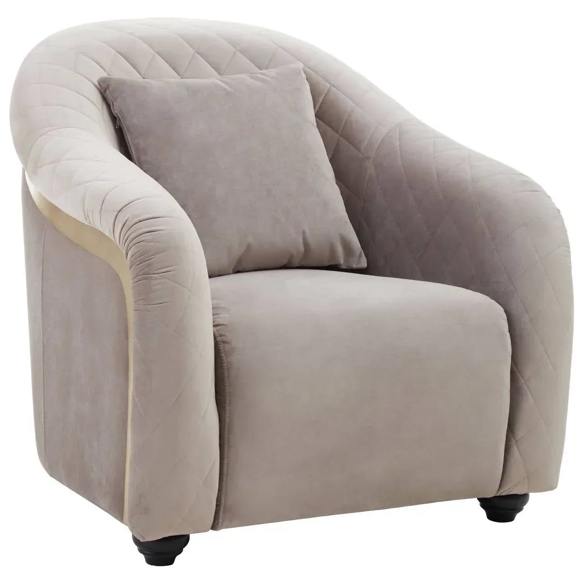 Beige velvet armchair with quilted backrest and matching cushion on black feet