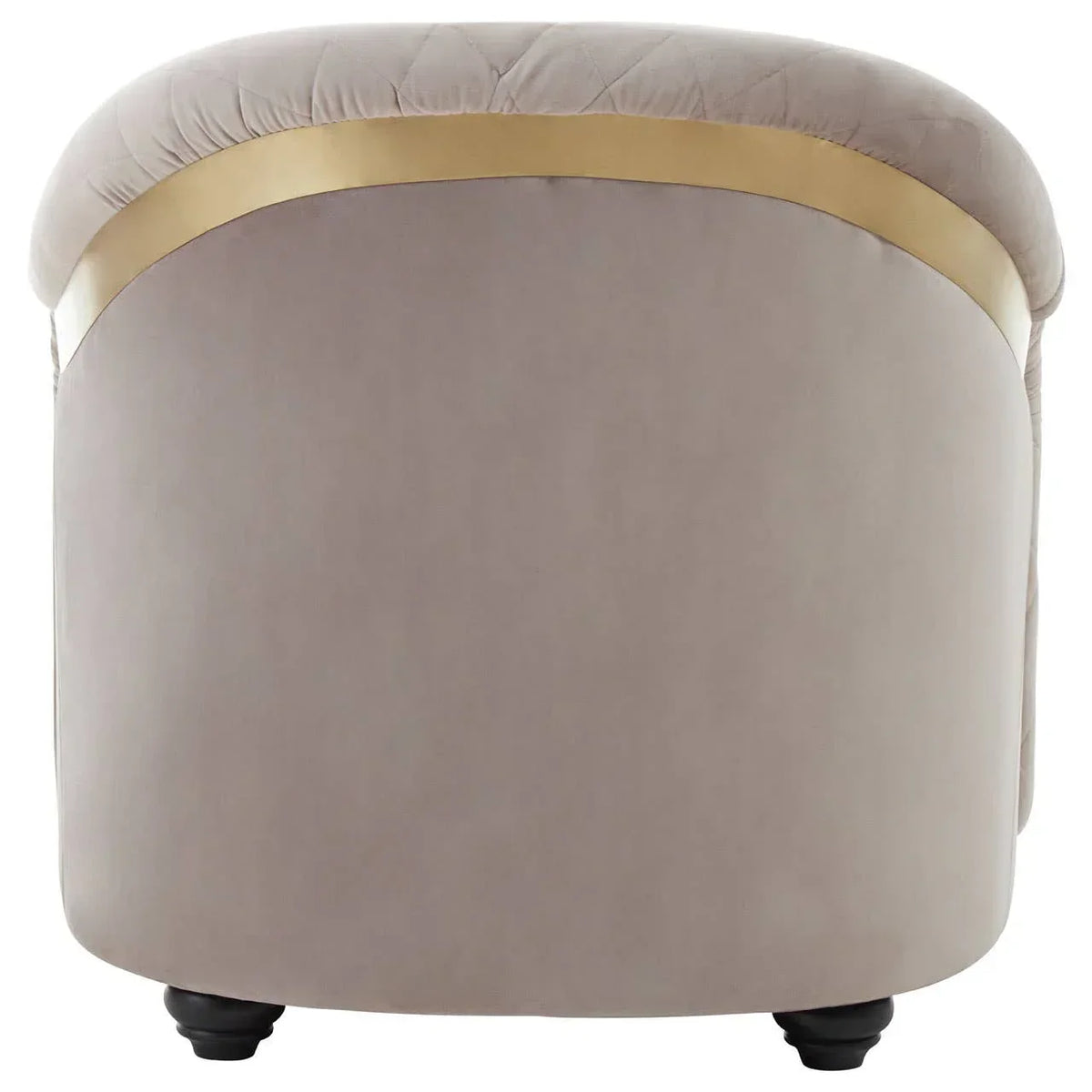 Rear view of beige velvet accent chair with gold trim and dark wooden legs