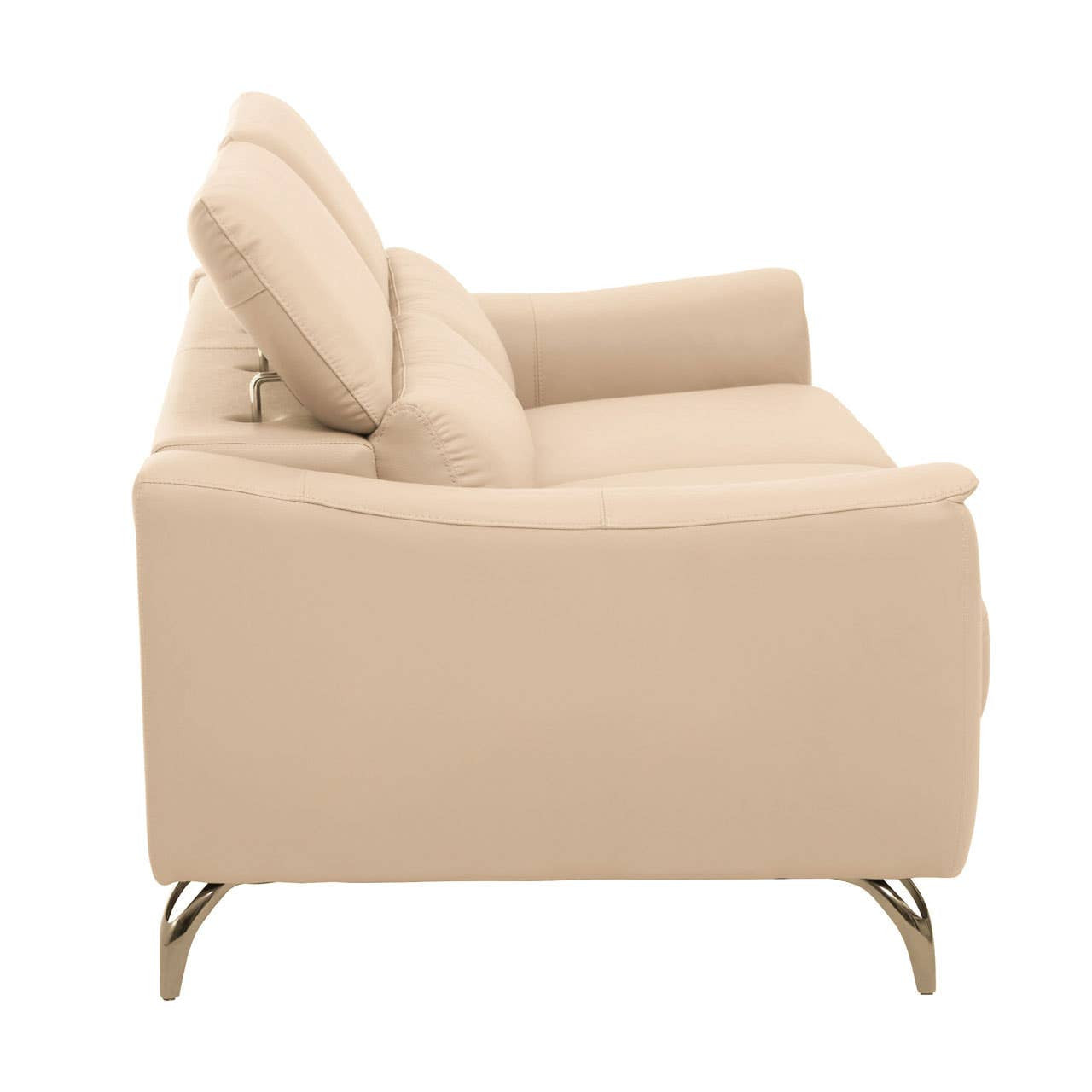 Three-seat sofa upholstered in stone-colored leather, featuring adjustable headrests and sleek metal legs. The design is modern with clean lines and a minimalist aesthetic, showcasing a side view that highlights the plush cushions and supportive structure