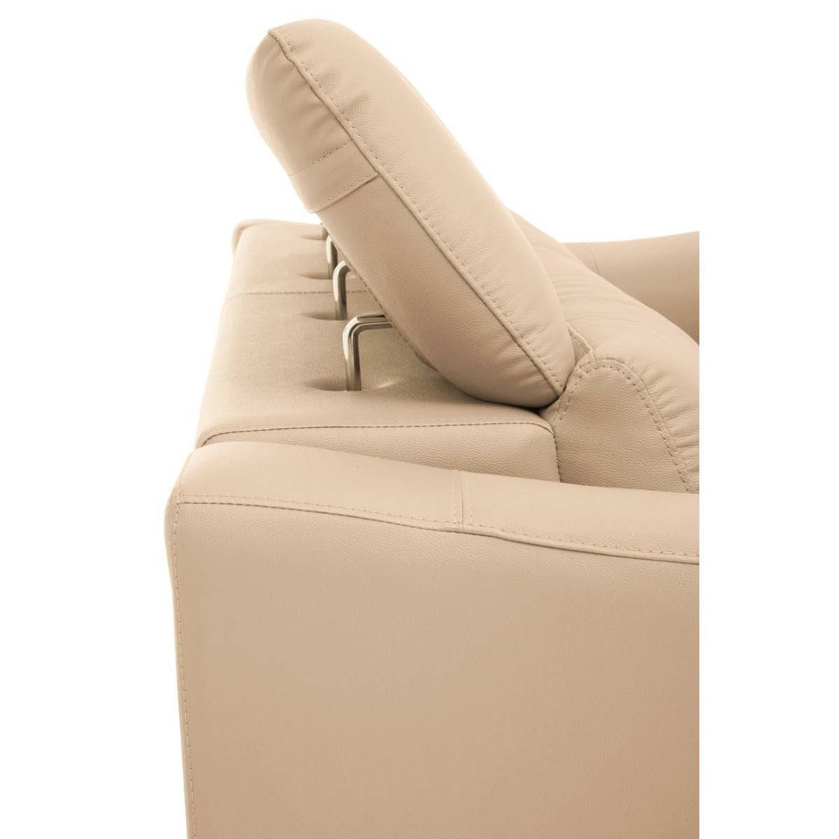 Stone leather sofa with a sleek design featuring an adjustable headrest. The headrest is partially raised, showcasing its mechanism. The sofa has clean lines and a neutral color that complements modern decor
