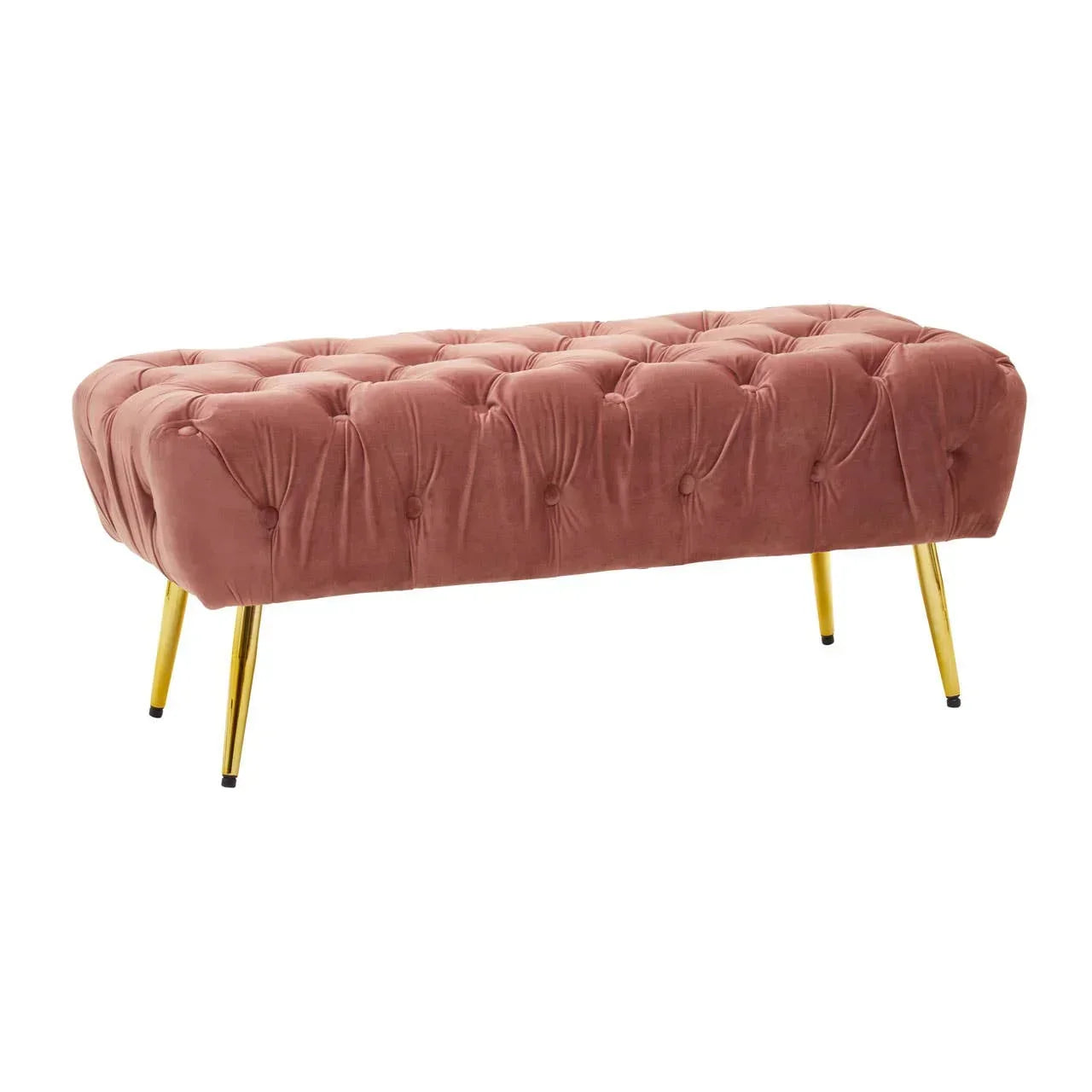 Blush pink velvet ottoman bench with tufted cushion and gold metal legs