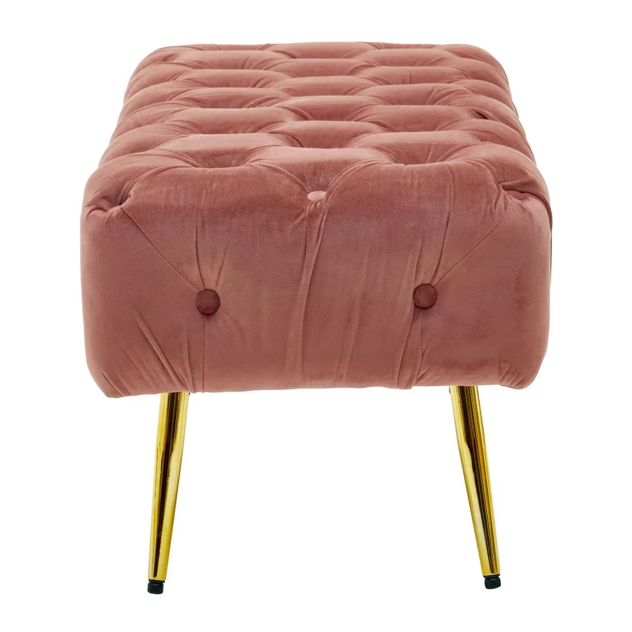 Blush pink velvet ottoman with tufted top and gold metal legs, front view