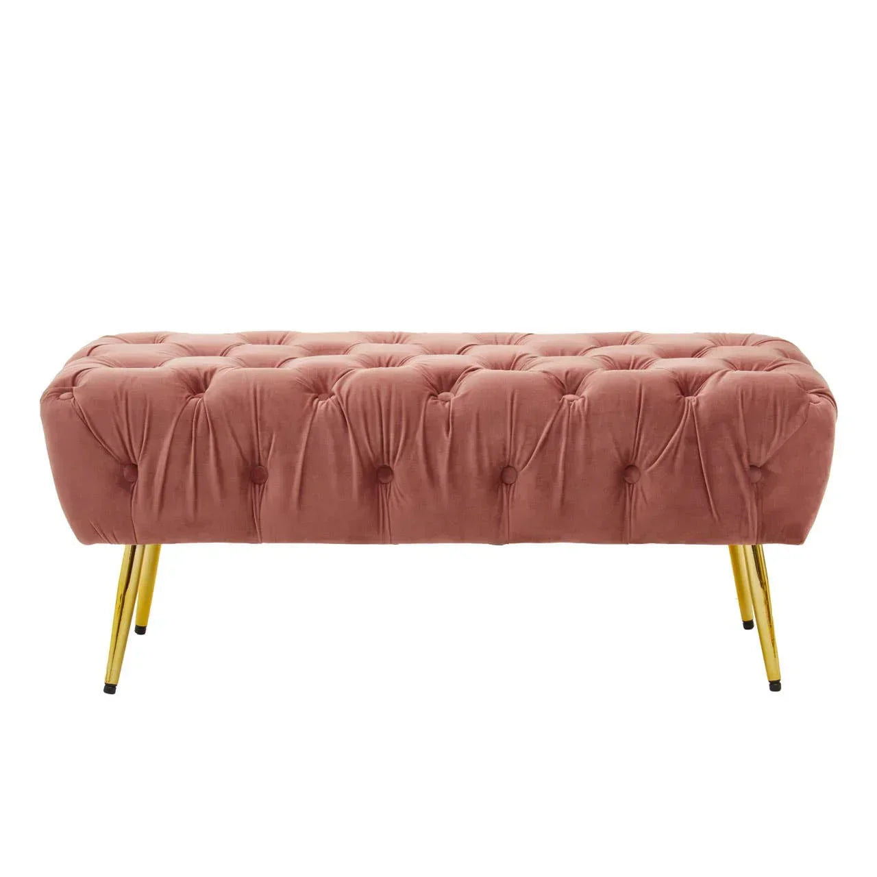 Blush pink velvet bench with tufted seat and gold metal legs